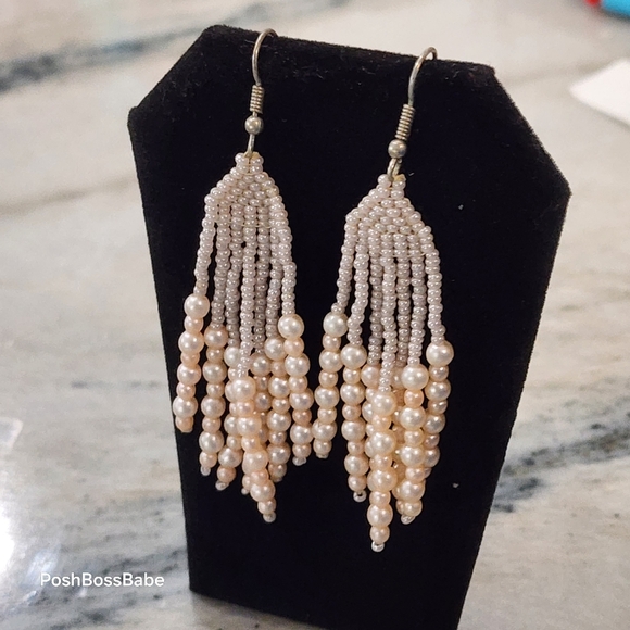 Vintage Pearl Beaded Fringe Earrings – 3” Drop Statement Pair - Picture 1 of 6